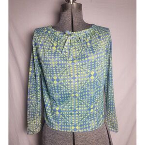 Vintage 60s 70s Blue Green Funky Check Psychedelic Top XS/S‎ Twiggy Mod Gogo